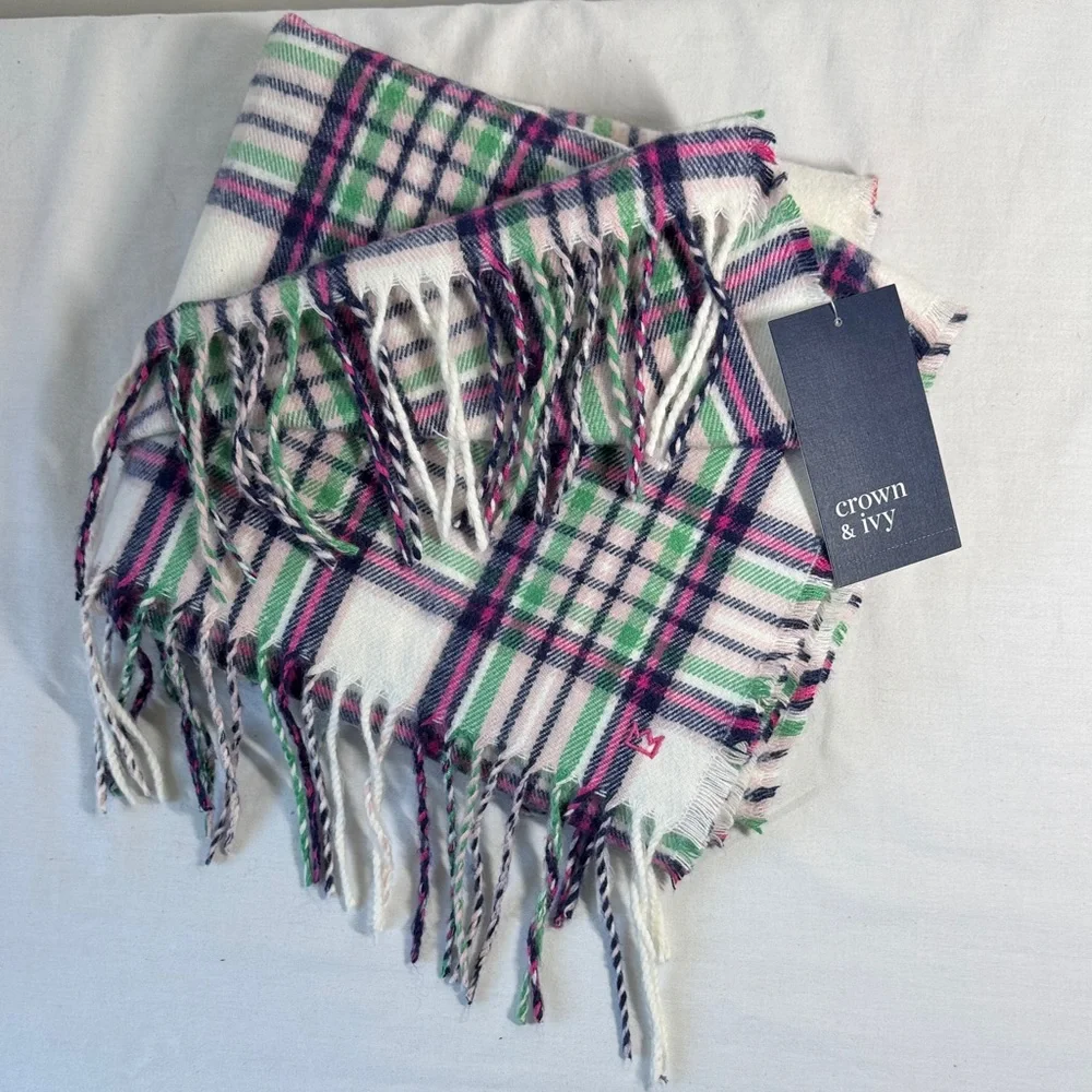 Crown & Ivy Colorful Plaid Scarf with Fringe NWT